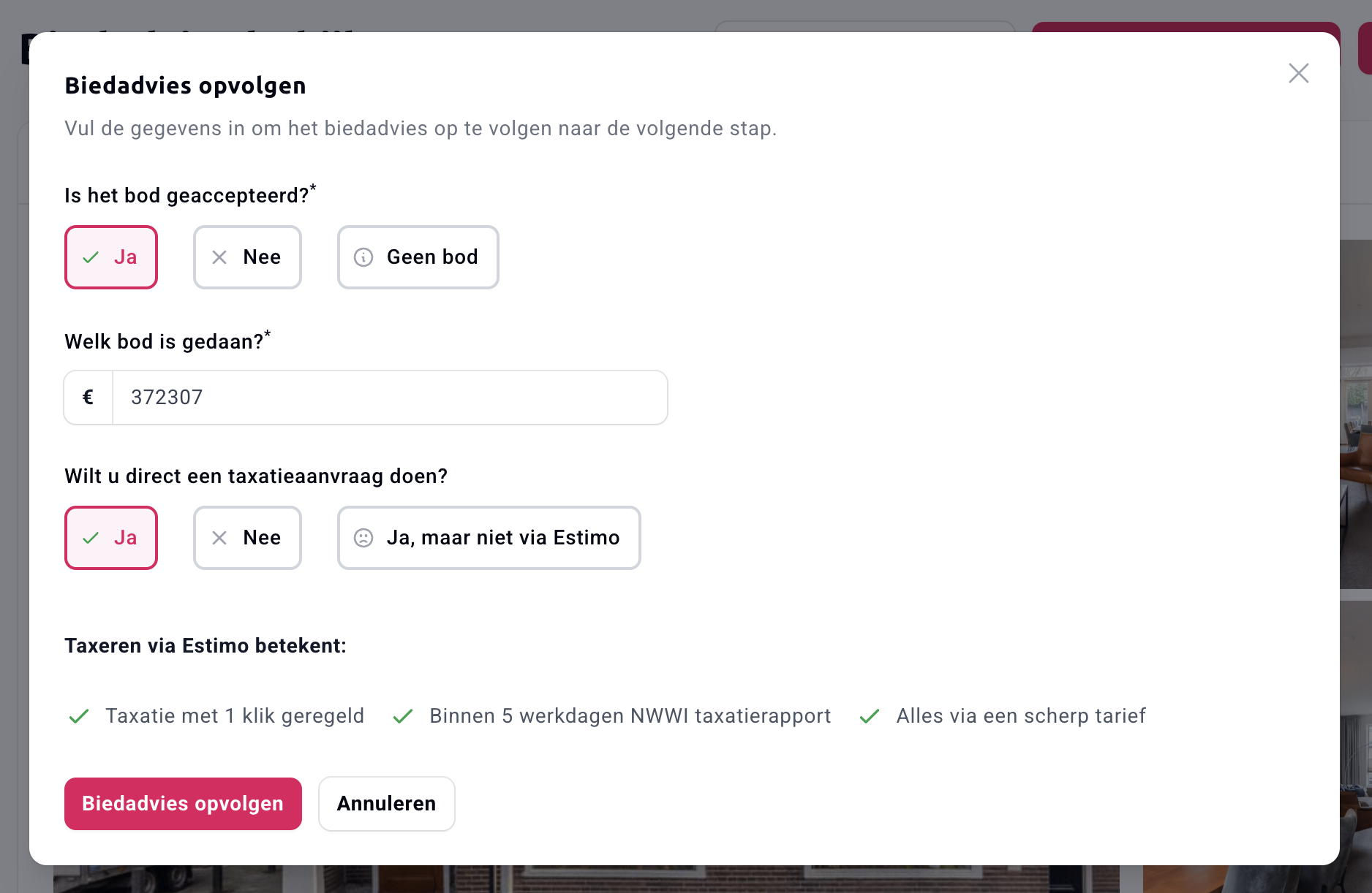 Estimo modal opvolgen screenshot